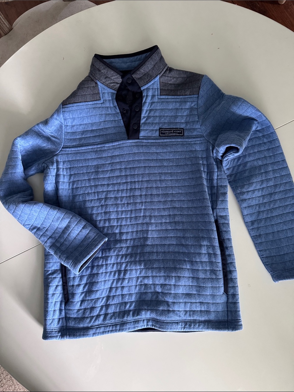 Vineyard Vines Heather Blue Quilted Quarter Button Sweater with Gray Trim